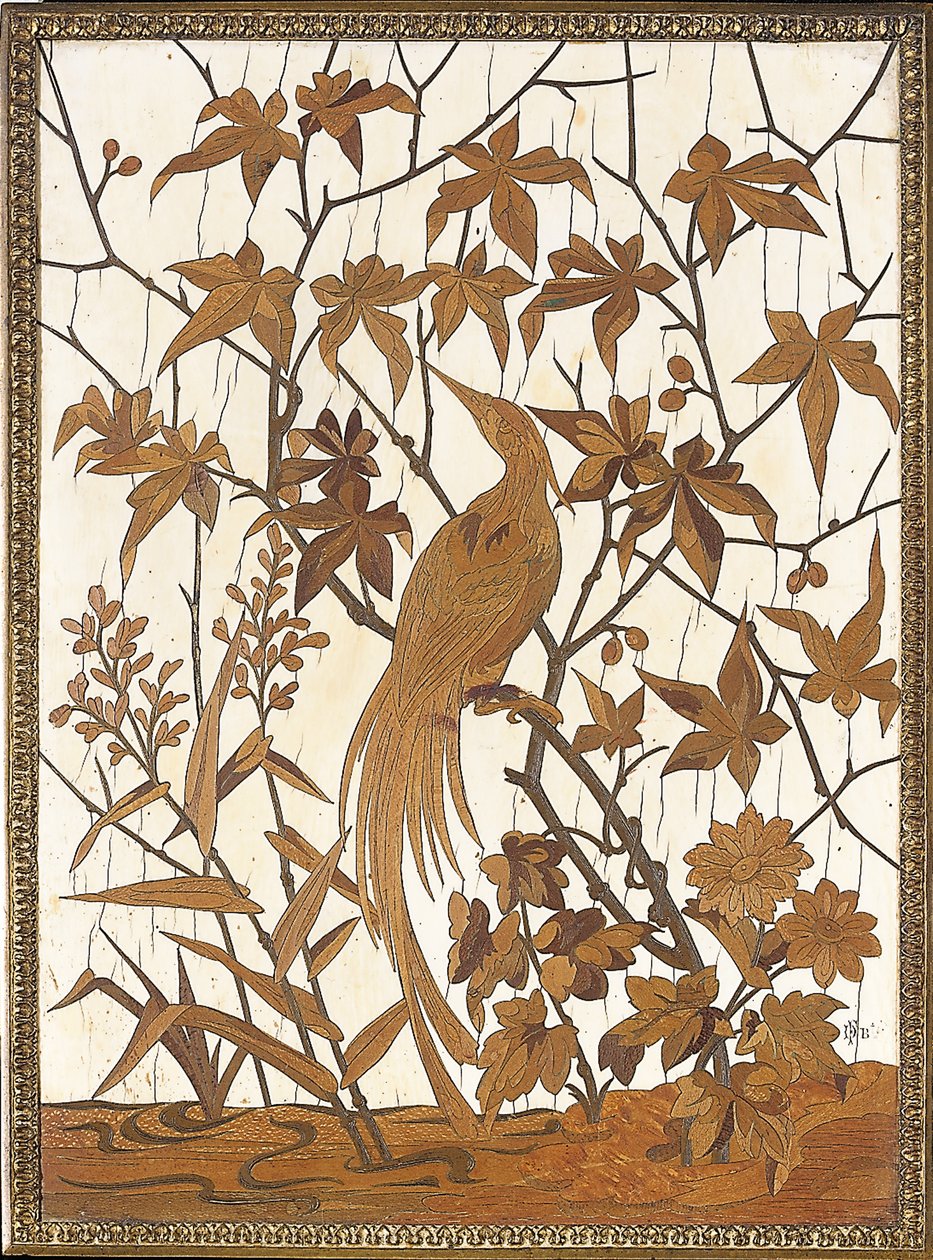 Panneau incrusté avec un oiseau exotique parmi le feuillage dans les marais, Maison Grioux - Ferdinand Duvinage
