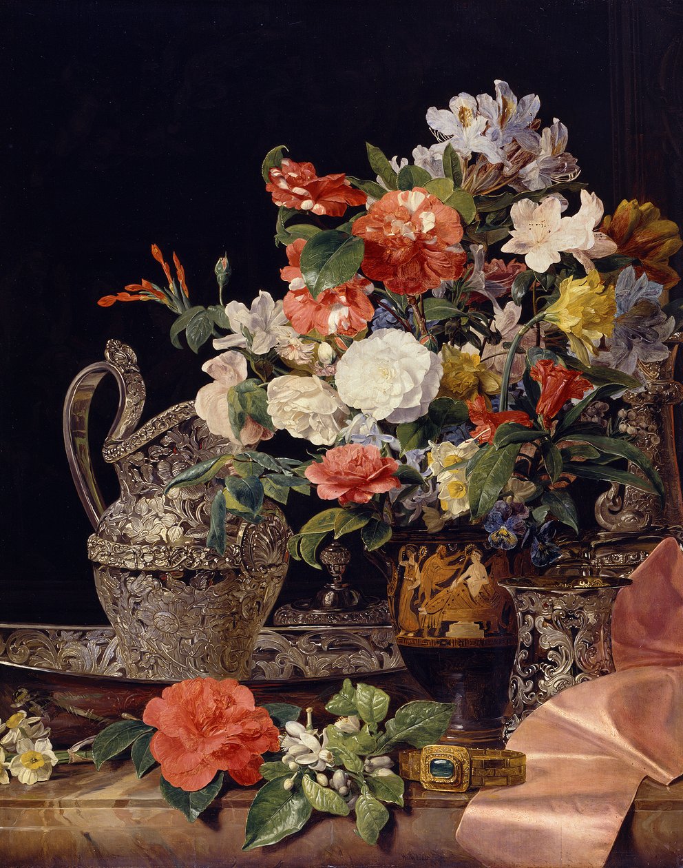 Bouquet de fleurs avec des récipients en argent et un vase antique - Ferdinand Georg Waldmüller