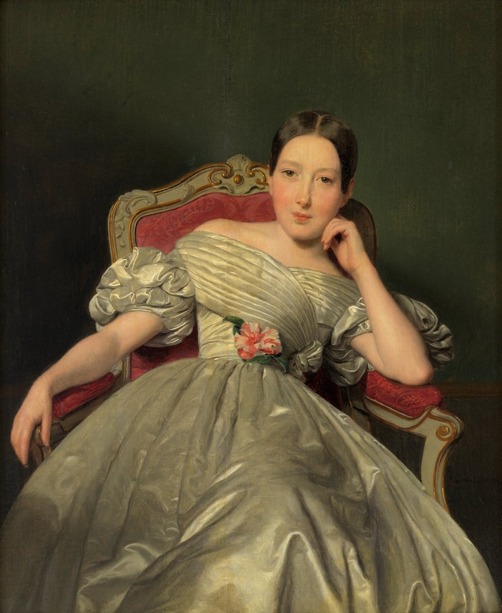 Fille assise dans une robe en satin blanc - Ferdinand Georg Waldmüller