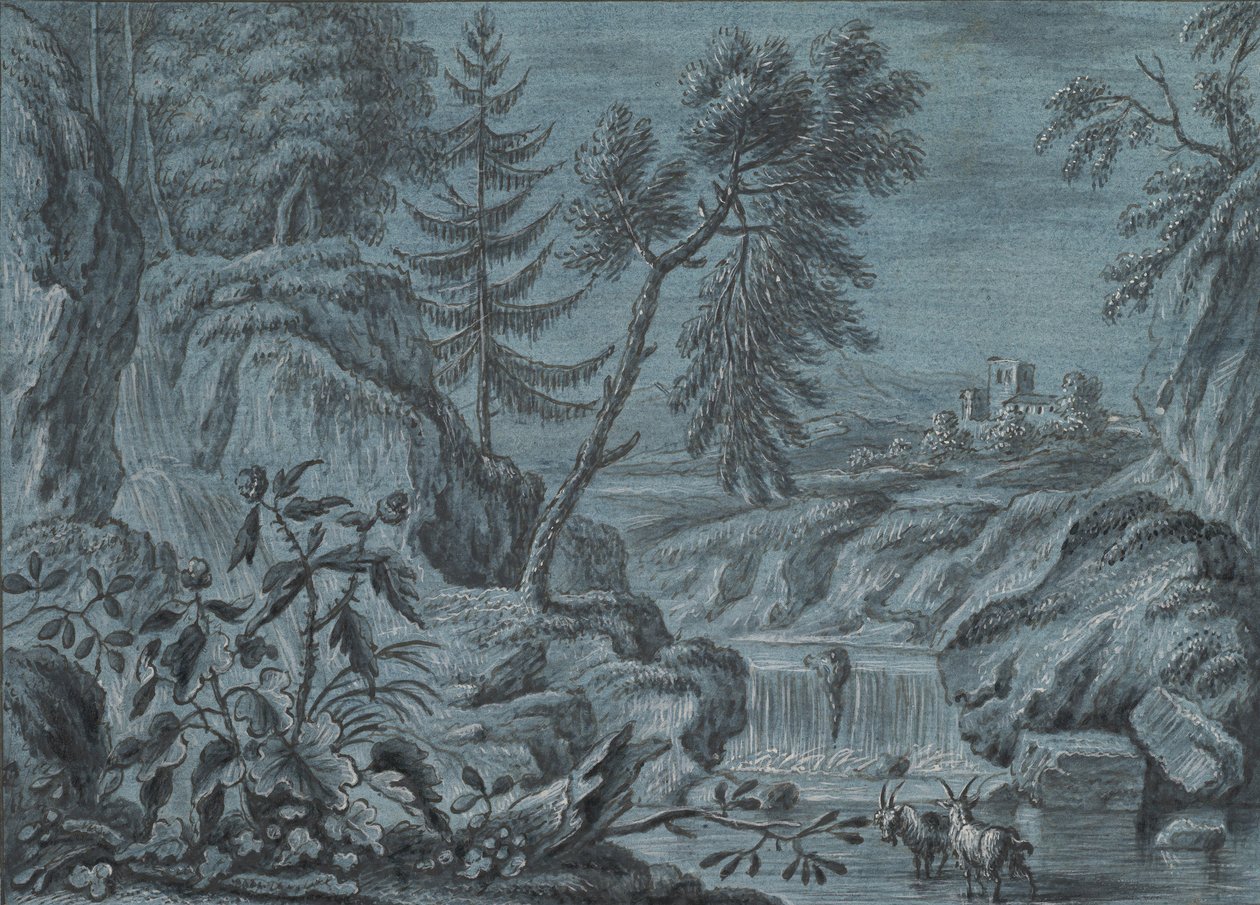 Paysage du sud avec une cascade et des chèvres, fin du 18ème siècle - Ferdinand Kobell.