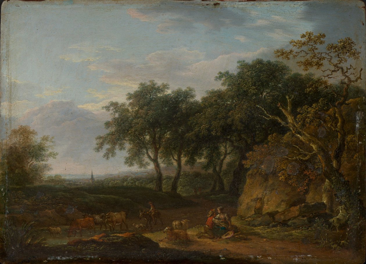 Paysage forestier avec berger et troupeau - Ferdinand Kobell