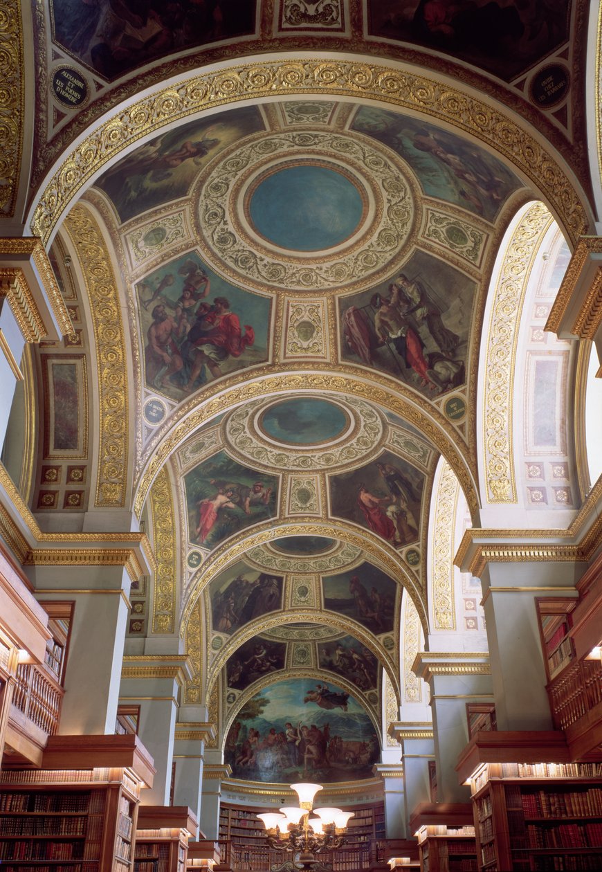 Vue du plafond à caissons de la bibliothèque avec cadre en stuc doré entourant des écoinçons illustrant des scènes bibliques et classiques, 1844 - Ferdinand Victor Eugene Delacroix