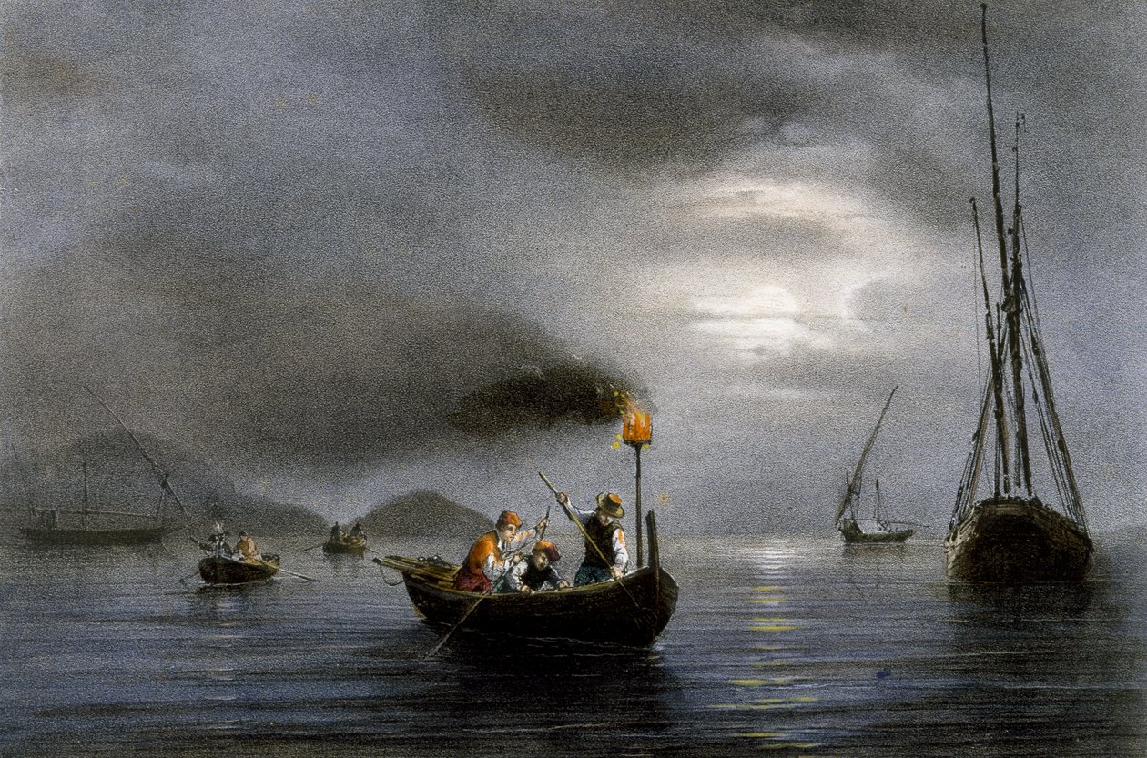 Pêche de nuit à la lampe, lithographie en couleur par Ferdinand Perrot - Ferdinand Victor Perrot