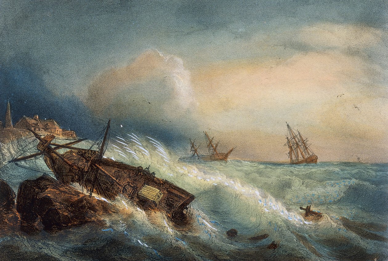Naufrage sur la côte de Saint-Nazaire, lithographie en couleur par Ferdinand Perrot, France - Ferdinand Victor Perrot