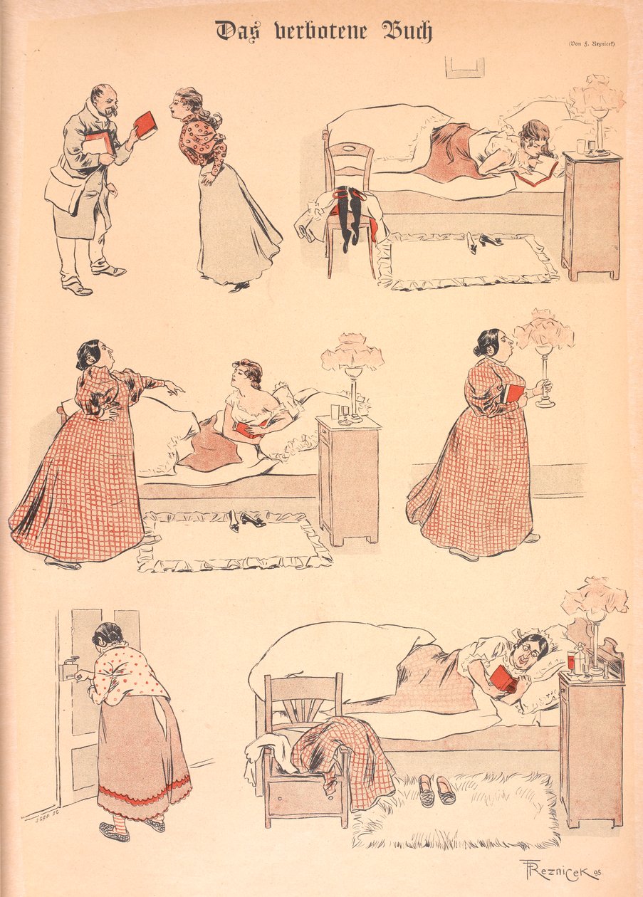 Le livre interdit. Une fille lisant un livre au lit. Il est pris par une femme plus âgée, qui le lit ensuite elle-même - Ferdinand von Reznicek