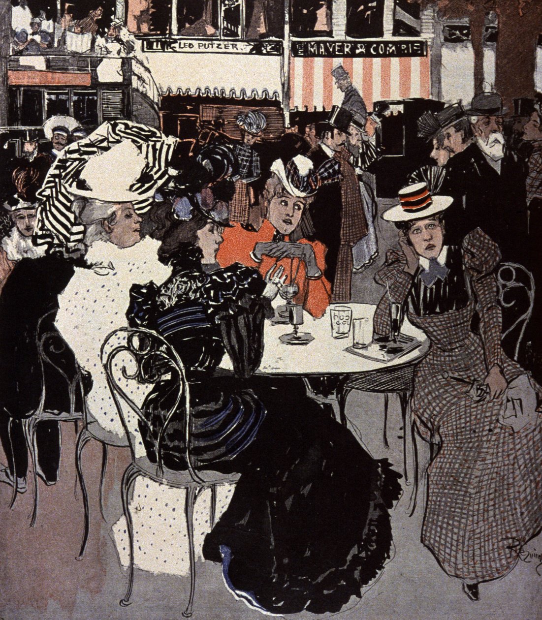 Femme parlant à une table devant un café. Illustration de Von Reznicek dans : Simplicissimus, Allemagne - Ferdinand von Reznicek