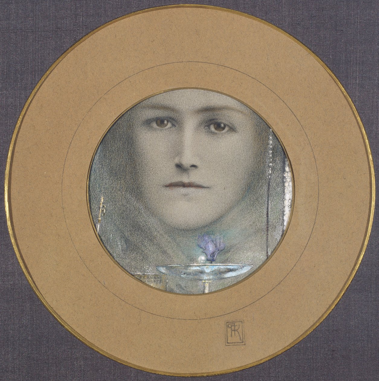 Yeux marron et une fleur bleue - Fernand Khnopff