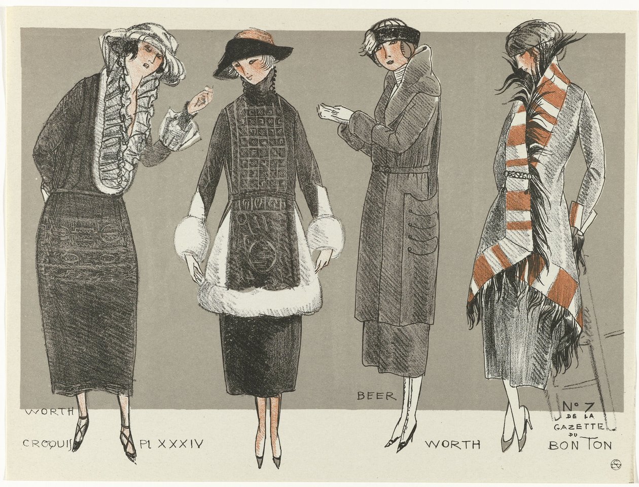 Gazette du Bon Ton, 1920 - No. 7, Croquis Pl XXXIV: Worth / Beer / Worth - Fernand Siméon