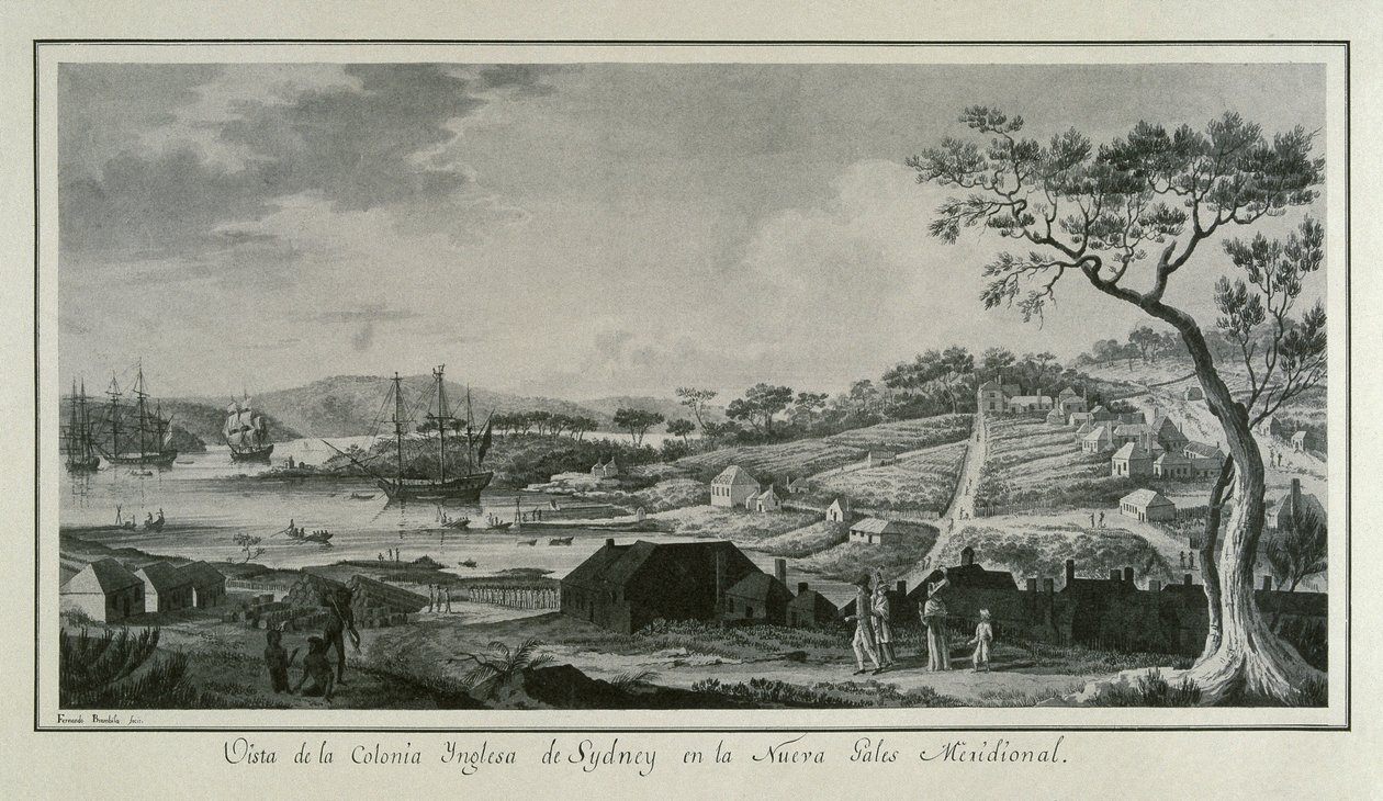 MALASPINA, Alejandro (1754-1809). Navigateur et explorateur italo-espagnol.; BRAMBILA, Fernando (1763-1834). Peintre. Australie (18e siècle). Colonie anglaise de Nouvelle-Galles du Sud. Dessin de Fernando Brambila illustrant l