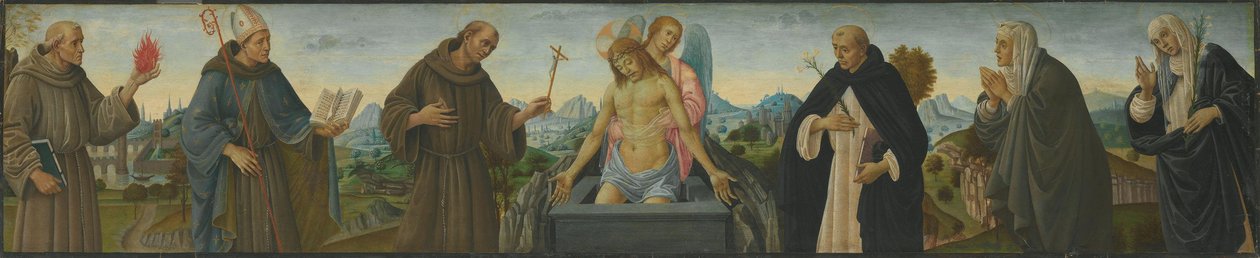 Homme de douleurs et six saints (saint Antoine de Padoue, Louis de Toulouse, François, Dominique, Claire et Catherine de Sienne) - Filippino Lippi