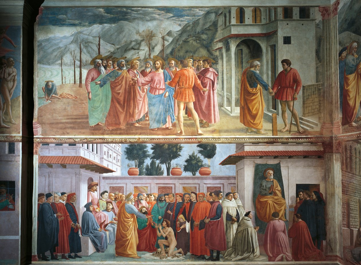 Le paiement du tribut, par Tommaso Masaccio, La résurrection du fils de Théophile et Saint Pierre en trône, par Tommaso Masaccio et Filippo Lippi, fresques - Filippino Lippi