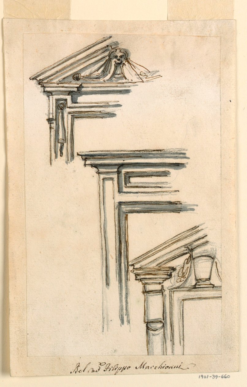 Dessin, trois caissons de fenêtre ou de porte, vers 1770 - Filippo Marchionni