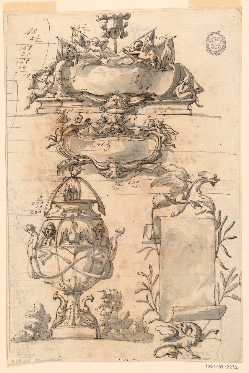 Dessin, deux écussons, un vase décoratif et une volute, 1750-75 - Filippo Marchionni