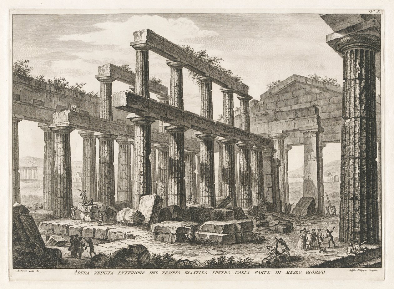 Autre vue intérieure du temple hexastyle hypèthral du côté sud, des Antiquités de Paestum - Filippo Morghen