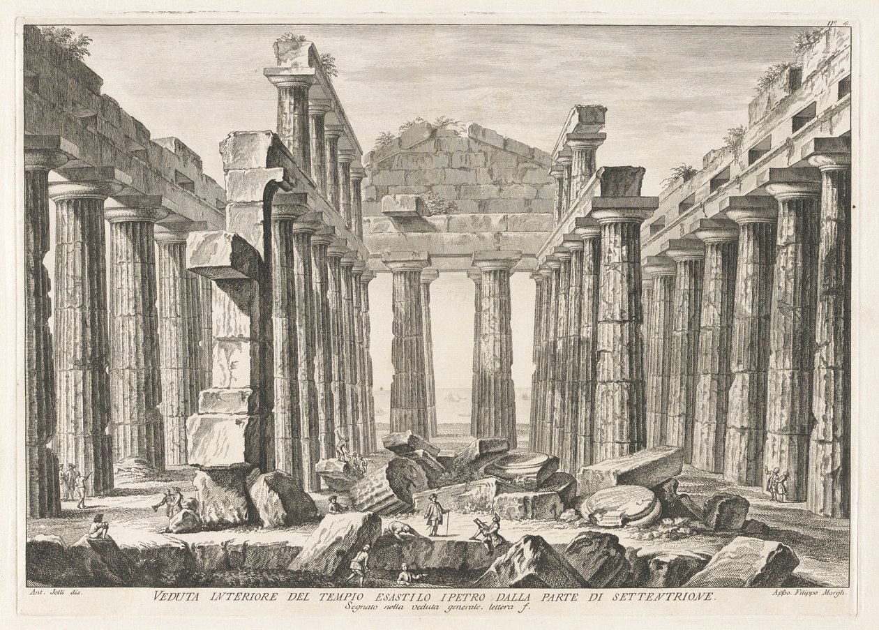 Vue intérieure du temple hexastyle hypèthral depuis le nord, des Antiquités de Paestum - Filippo Morghen
