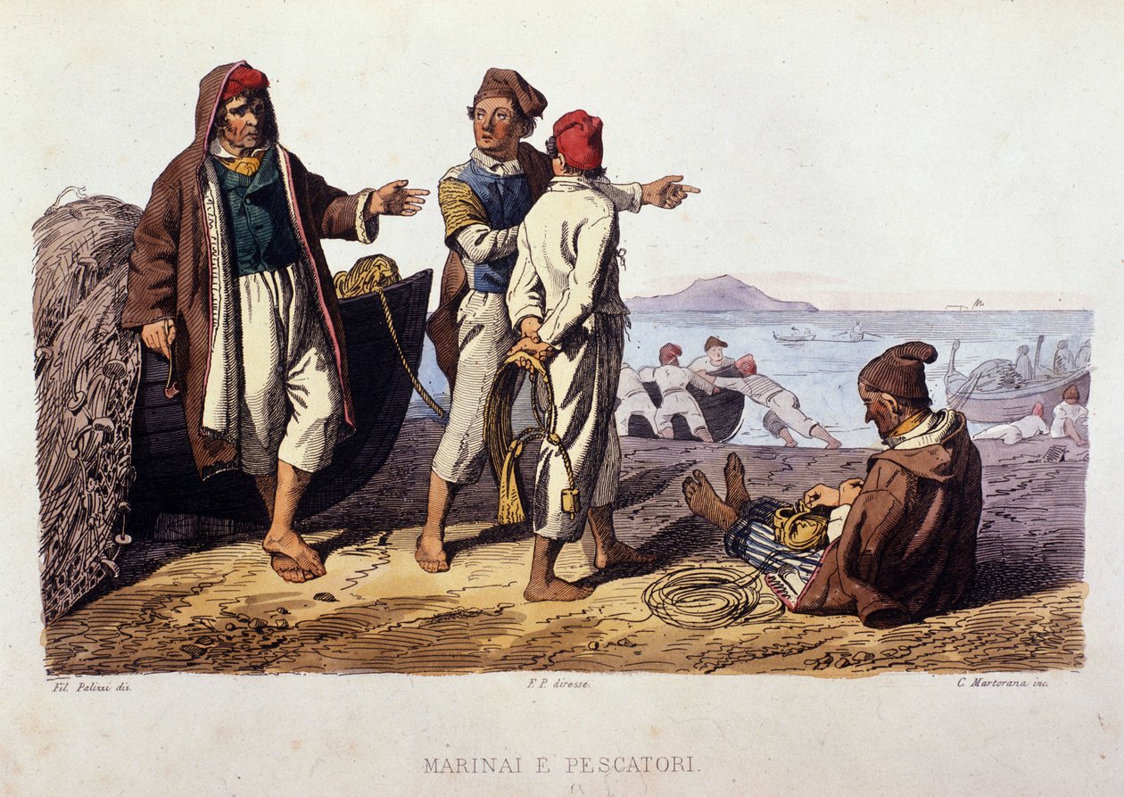 Petits métiers du Royaume de Naples : marins et pêcheurs. Gravure d