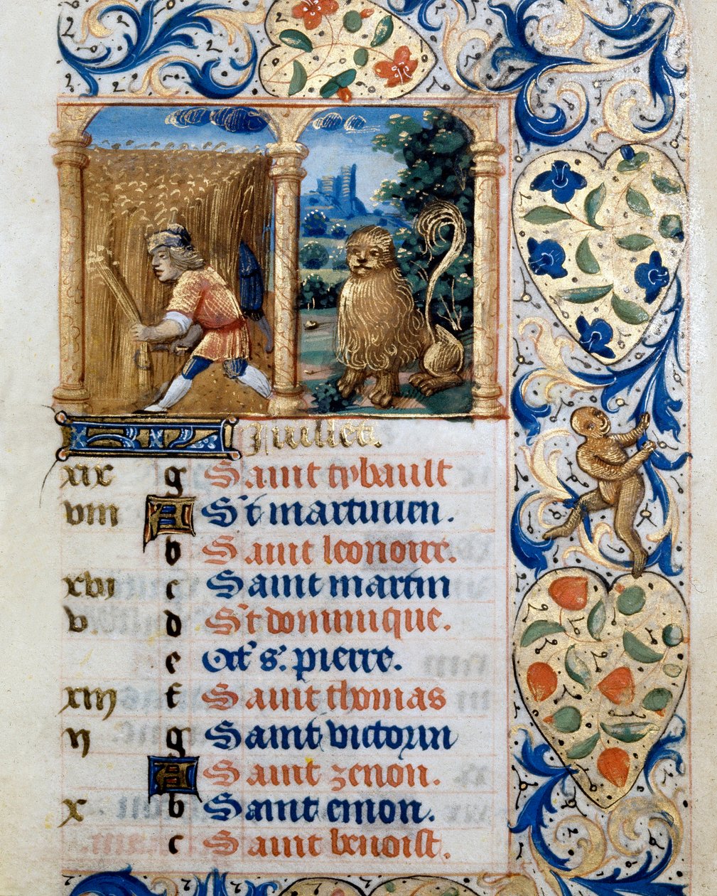 Calendrier, le mois de juillet, un paysan dans un champ de blé et le signe du lion. Page tirée d