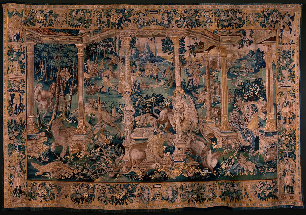 Tapisserie flamande. Paysage avec pergola et grands animaux. Version avec pergola étendue. Atelier d