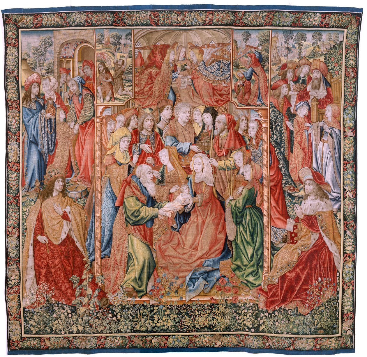 Tapisserie flamande. Série Épisodes de la vie de la Vierge. Les prophéties se réalisent à la naissance du Christ (Cumplimiento de las profecías en el nacimiento del Hijo de Dios). Première tapisserie de la série. Modèles attribués à Jan von Roome (ou van B - Flemish School