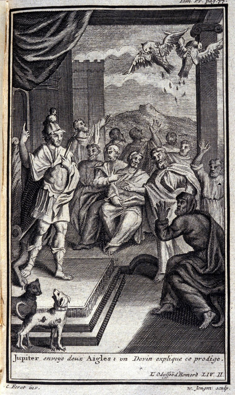 Jupiter envoie deux aigles : un devin explique ce prodige. Illustration pour le livre II de l