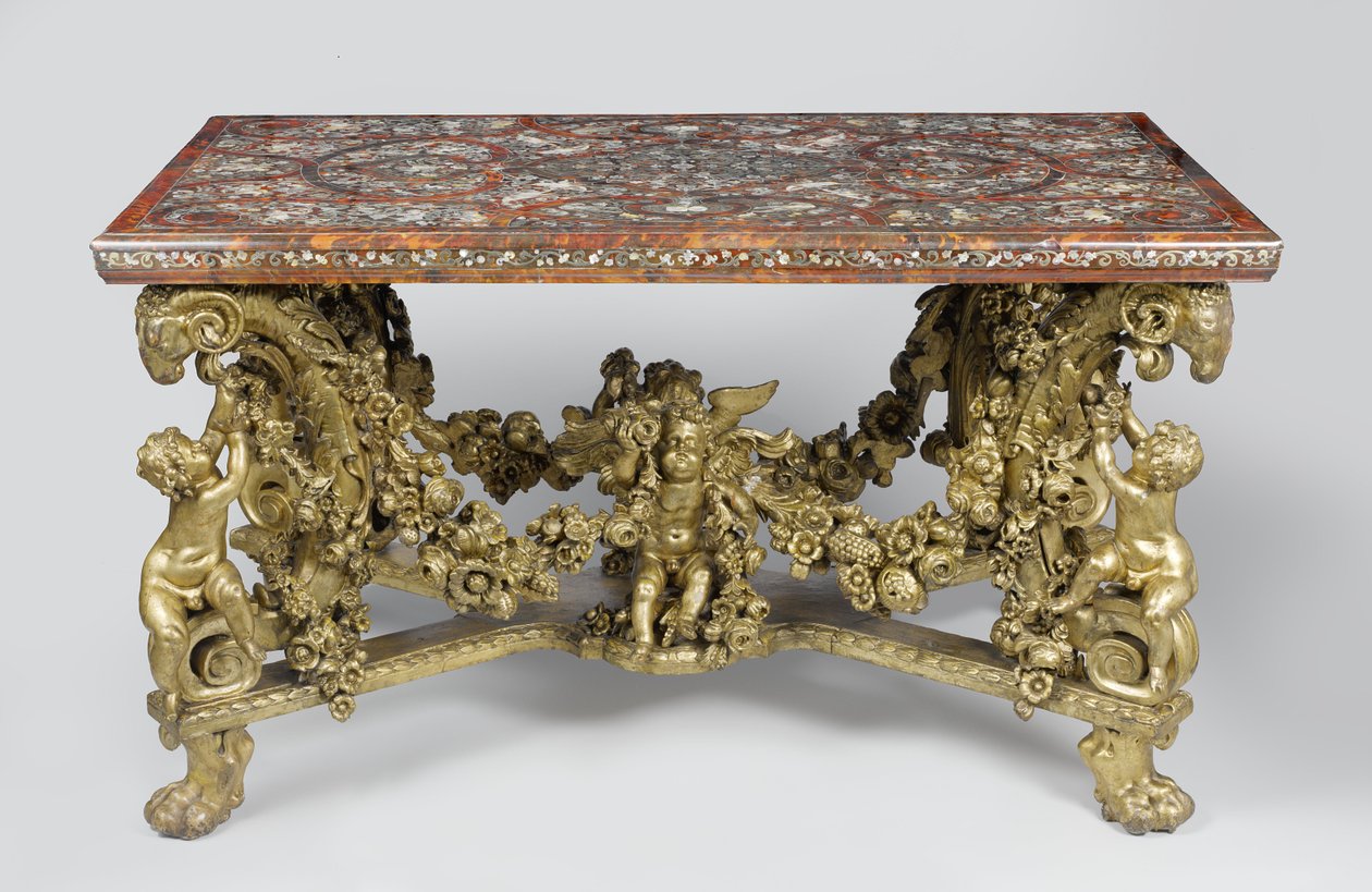 Table en marqueterie sur base en bois de tilleul sculpté et doré, 1689 - Flemish School