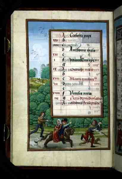Un Maître et sa Dame chevauchent avec la Chasse, page de calendrier illuminée pour avril, d