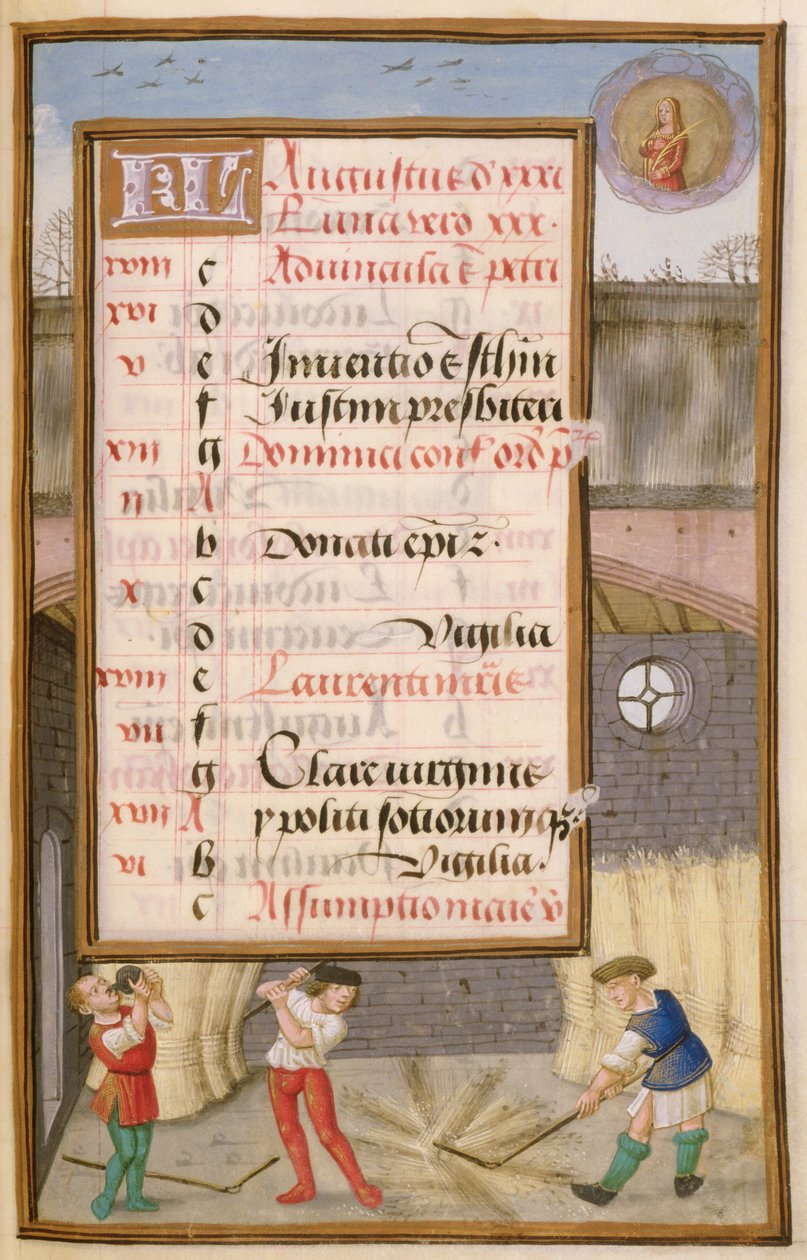 Ms 1058-1975 f8r Battage du maïs dans la grange, page de calendrier illuminée pour août, d