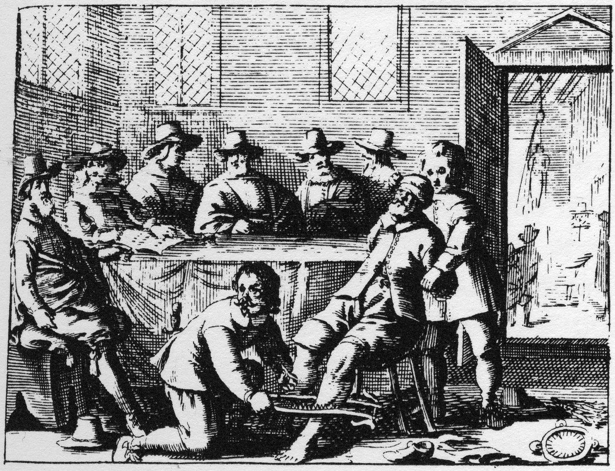 Punition des Tincers infligée à un sorcier - gravure de 1725 dans « La Sorcellerie démasquée » (