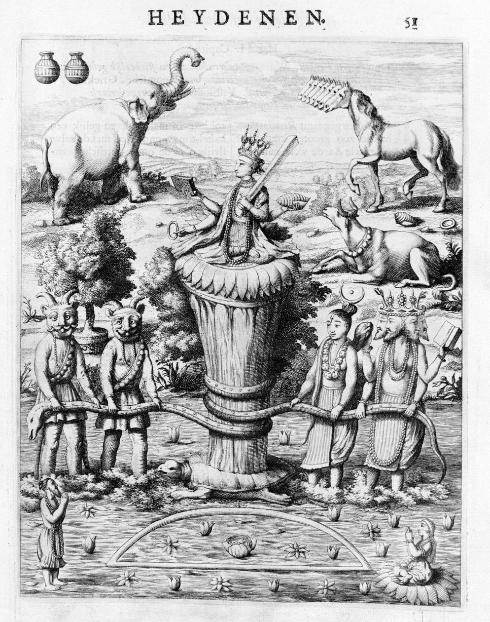 Samudramathana, avec la participation de Deva (Surya, Shiva, Vishnu, Brahma) avec des démons et des montures. Selon Baldaeus Philippus Afgoderye der oost-indische Heydenen. Amsterdam 1672 - Flemish School