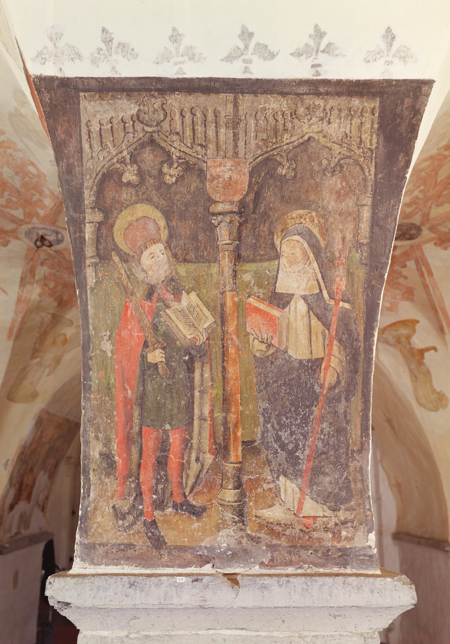 Saint Bavo et Sainte Amalberge de Maubeuge, fresque de la crypte, c.1480-1540 - Flemish School