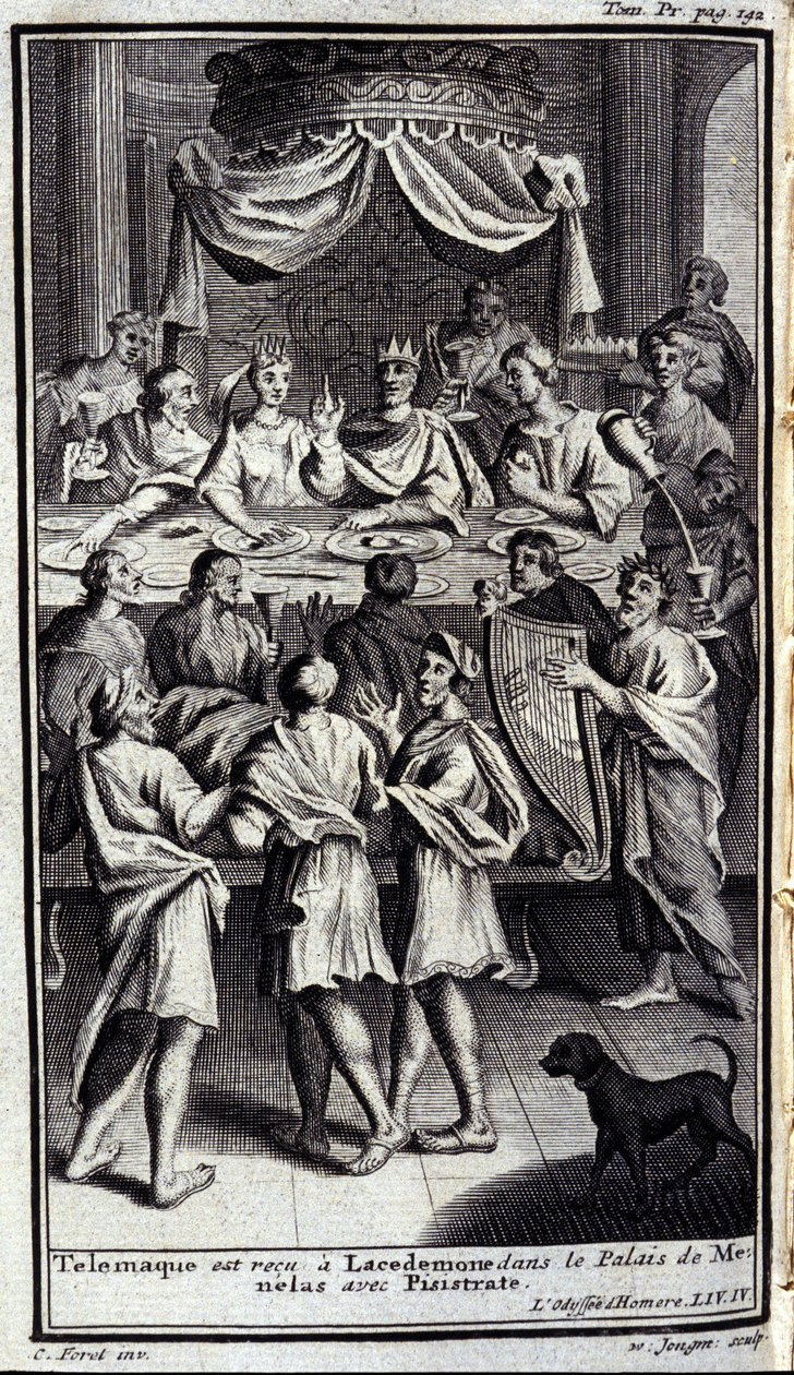 Télémaque est reçu à Lacédémone dans le palais de Ménélas avec Pisistrate. Illustration pour le livre IV de l