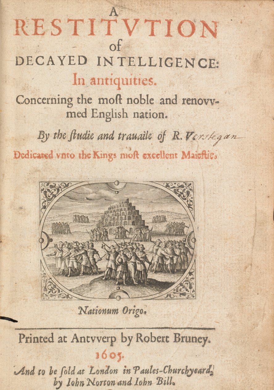 Page de titre de Restitution of Decayed Intelligence par Richard Verstegam, Anvers, 1605 - Flemish School