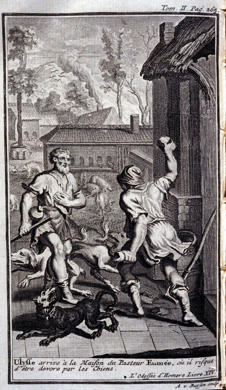 Ulysse arrive chez le pasteur Eumée, ou il peut être dévoré par des chiens. Illustration pour le livre XIV de l