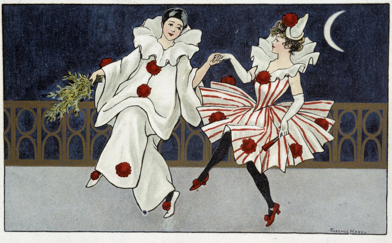 Pierrot et Colombine dansant au clair de lune dess. par Florence Hardy debut 20e siecle