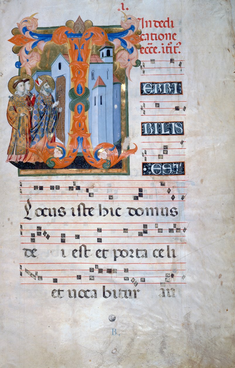 Initiale enluminée avec un évêque bénissant une église (Corale 2, c. 1), pour le livre de chœur 2 de Santa Maria degli Angeli - Florentine School