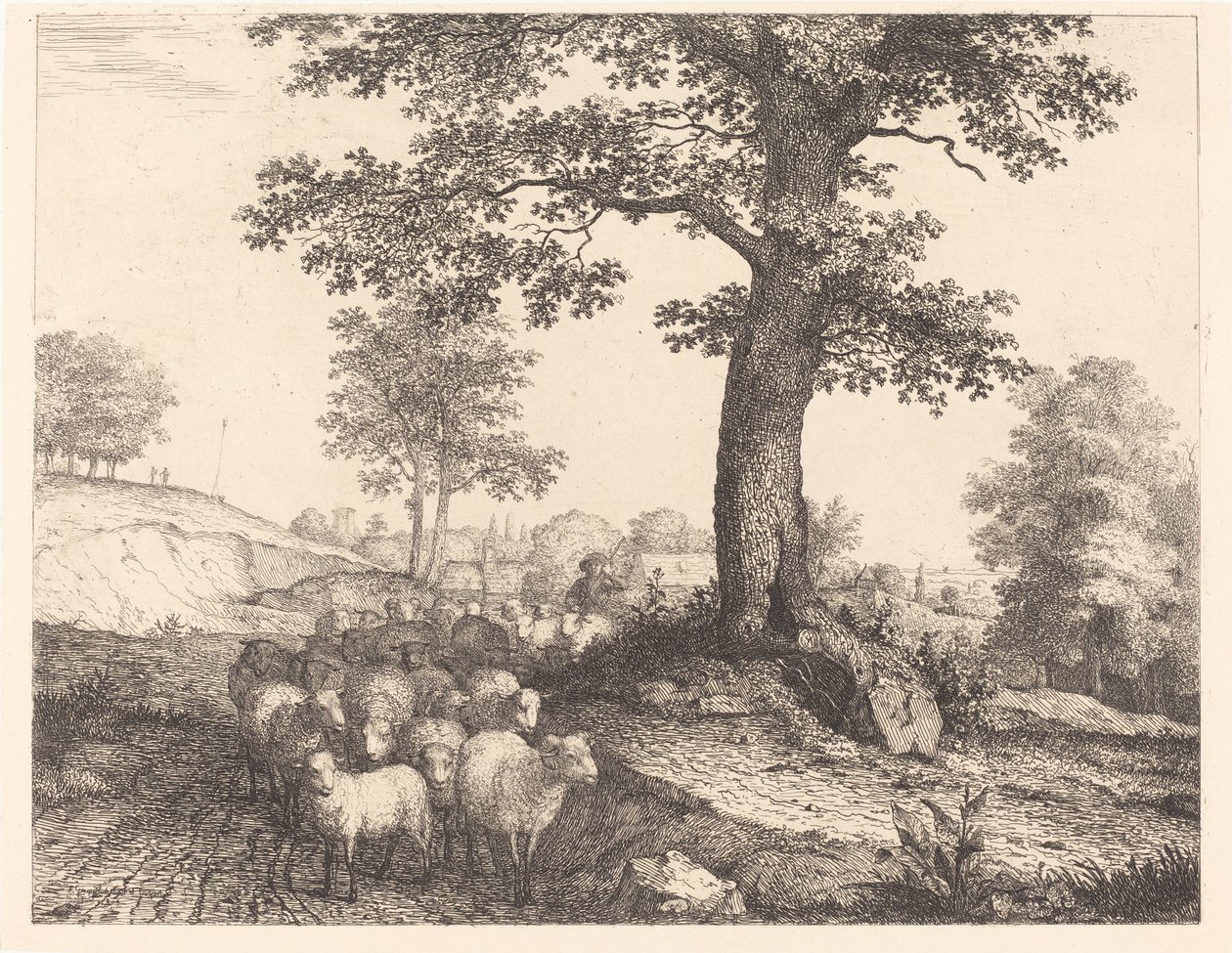 Berger et troupeau sous un arbre ancien - Florian Grospietsch
