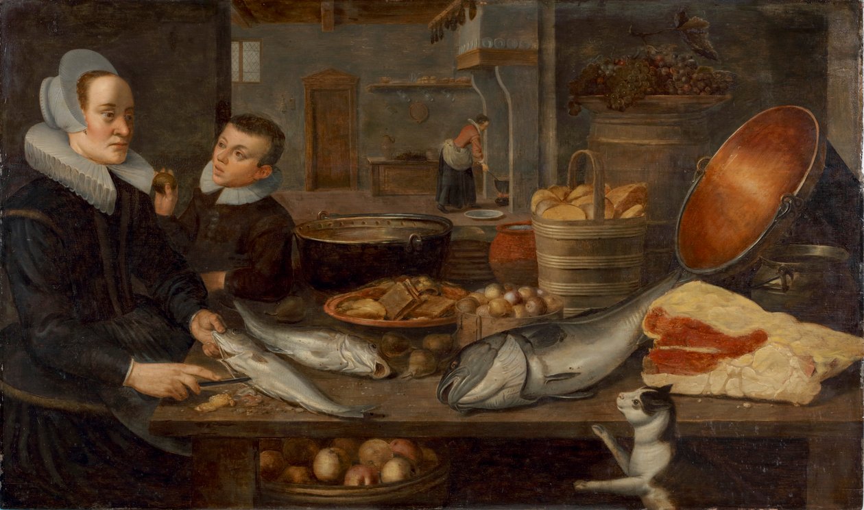 Nature morte de cuisine avec une servante nettoyant du poisson à une table et un garçon tenant une pomme - Floris van Schooten