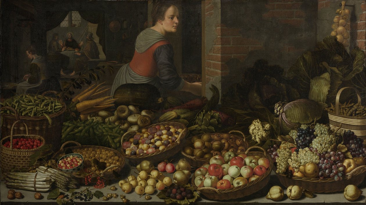 Nature morte avec fruits et légumes, avec le Christ à Emmaüs en arrière-plan, vers 1630 - Floris Gerritsz van Schooten