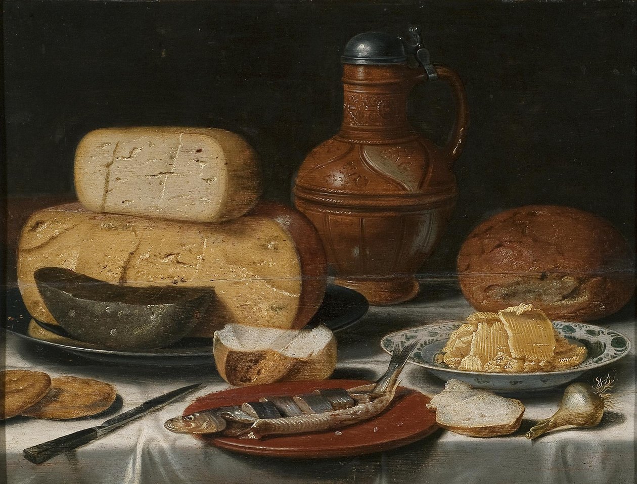 Nature morte au fromage, hareng, pain et vin - Floris van Schooten