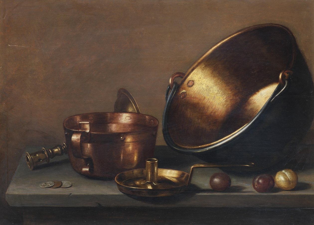 Nature morte avec casseroles en cuivre, ustensiles et prunes sur une corniche en pierre - Floris van Schooten