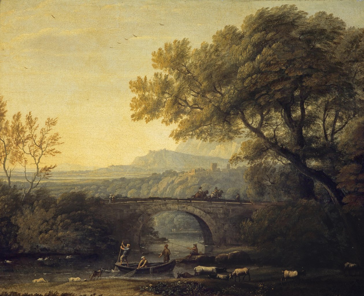 French :  Paysage avec un pont Landscape with a Bridge - Follower of Claude Lorrain