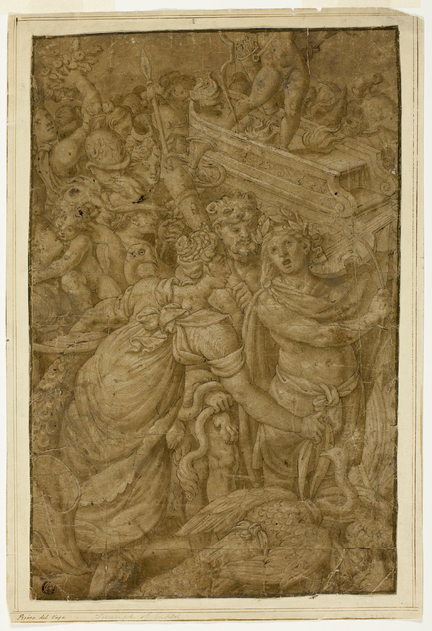 Cupidon dans un char triomphal, accompagné de dieux et déesses - Follower of Giulio Romano
