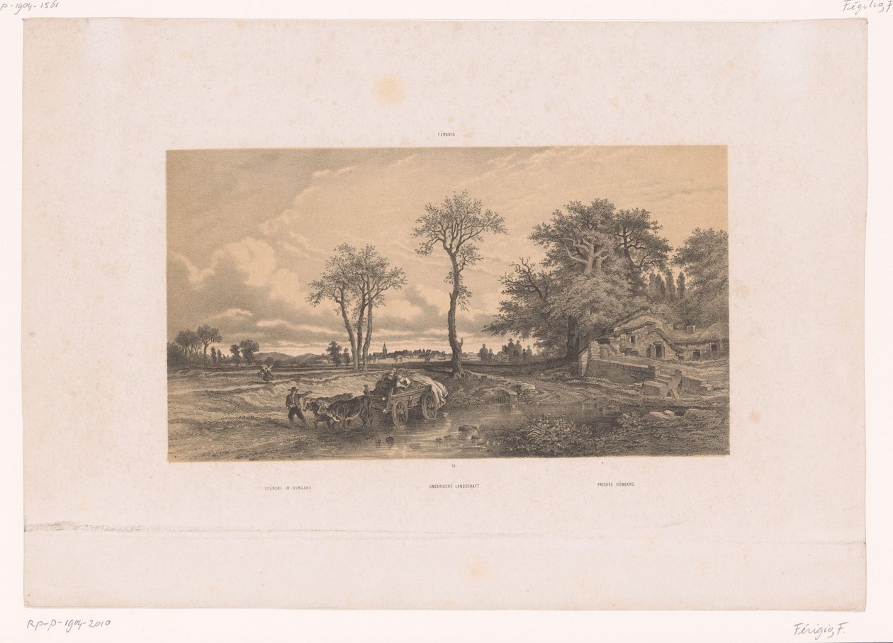 Chariot de paysans avec bœufs dans un paysage hongrois - Fortuné Ferogio