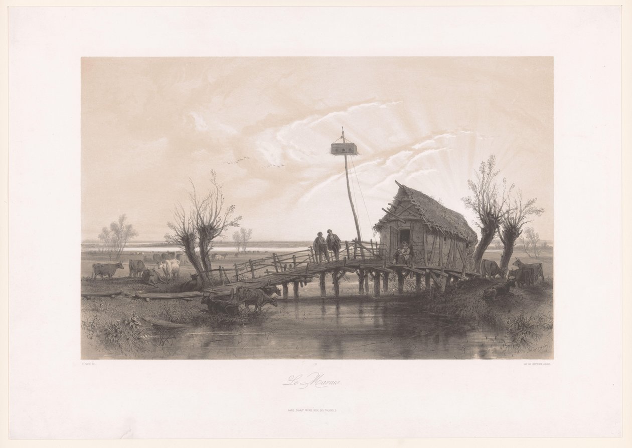 Paysage marécageux avec vaches et figures près d