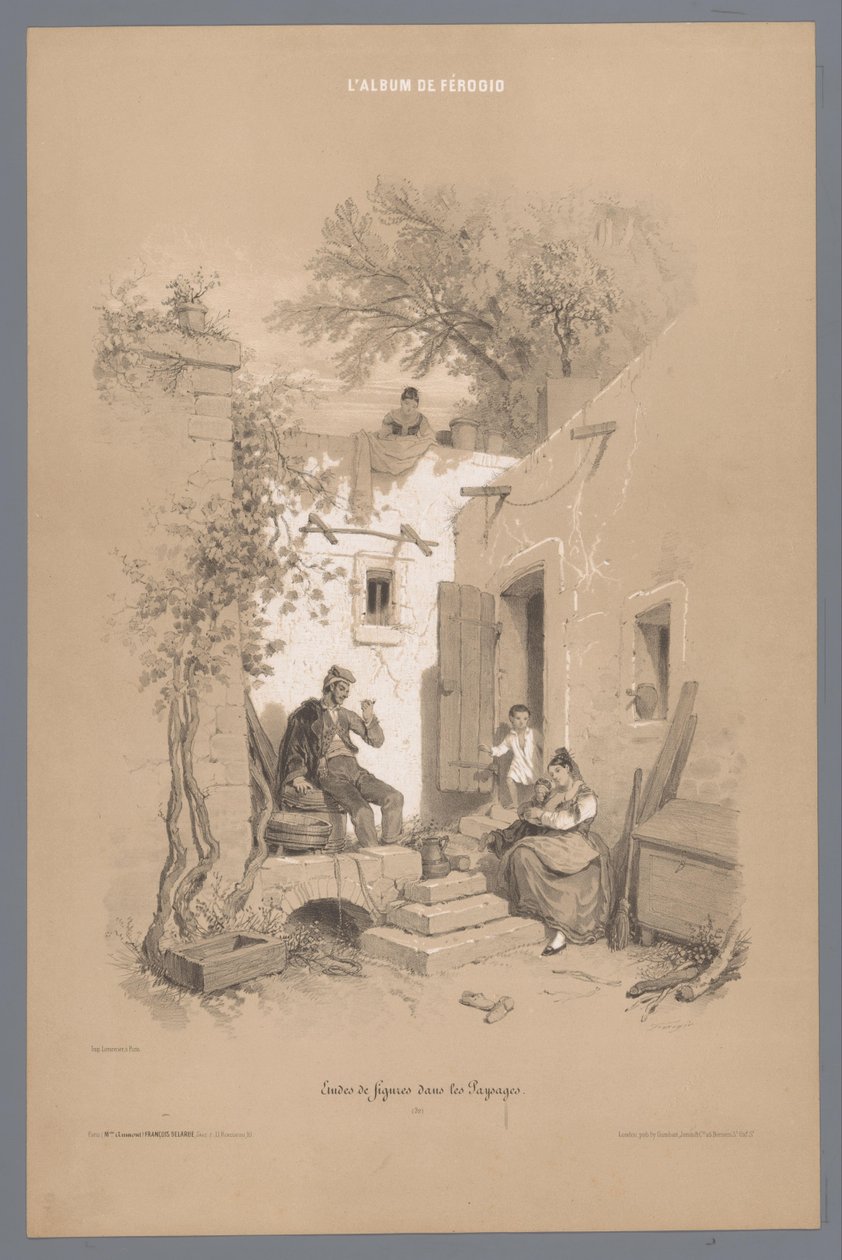Parents avec enfants près de leur maison de village (Études de figures dans les paysages) - Fortuné Ferogio