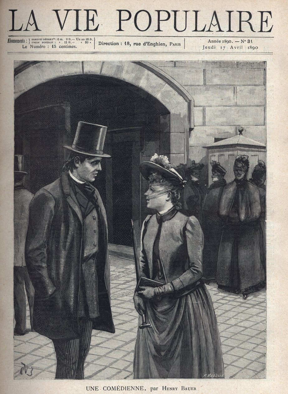 Une jeune femme portant un chapeau voilé qui couvre son visage, tenant un parapluie et un livre, parle à un jeune homme élégant, costume et chapeau haut de forme, mains dans les poches. Derrière eux, un groupe de femmes sévères, manteau sombre et voilé. El - Fortune Louis Meaulle