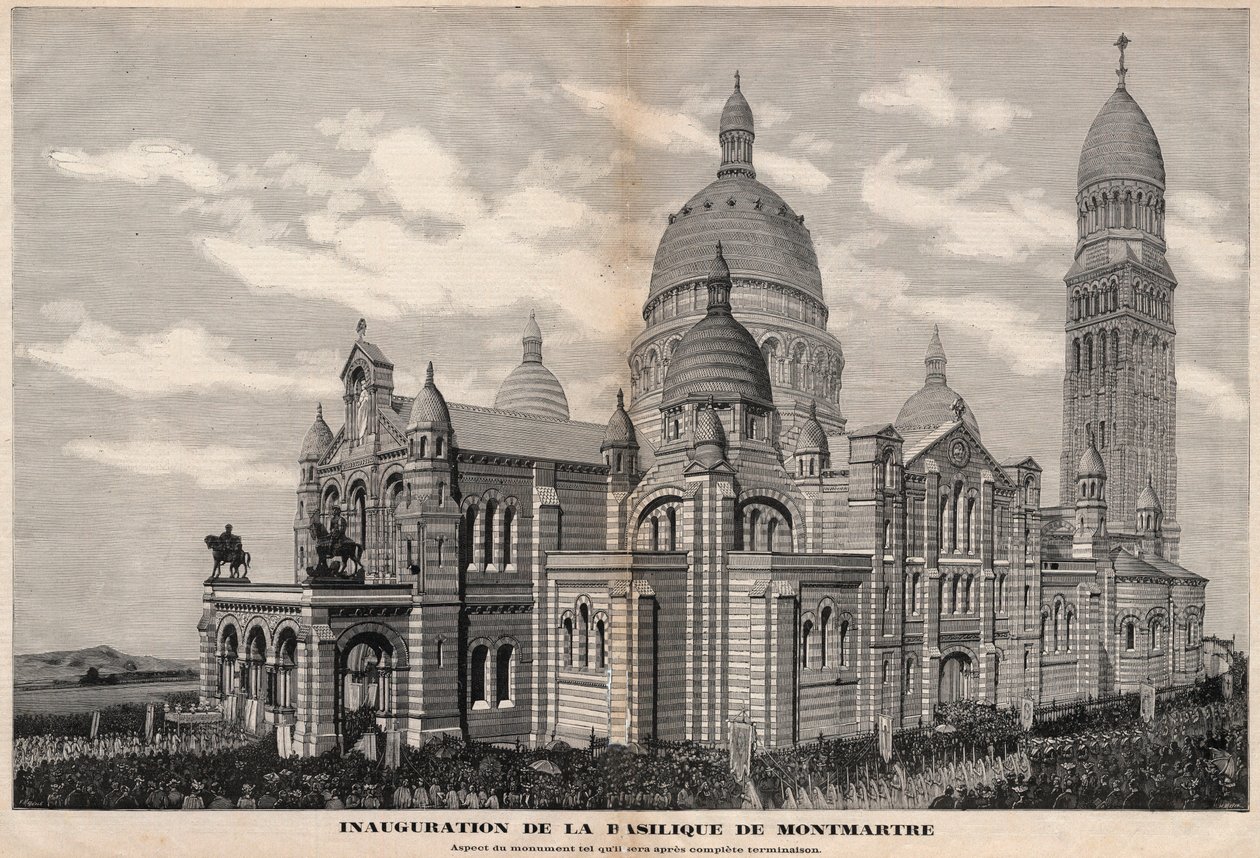 Inauguration de la Basilique du Sacré-Cœur à Montmartre en 1891 (apparence du monument après achèvement complet) - Gravure de Meaulle en 1891 - Fortune Louis Meaulle
