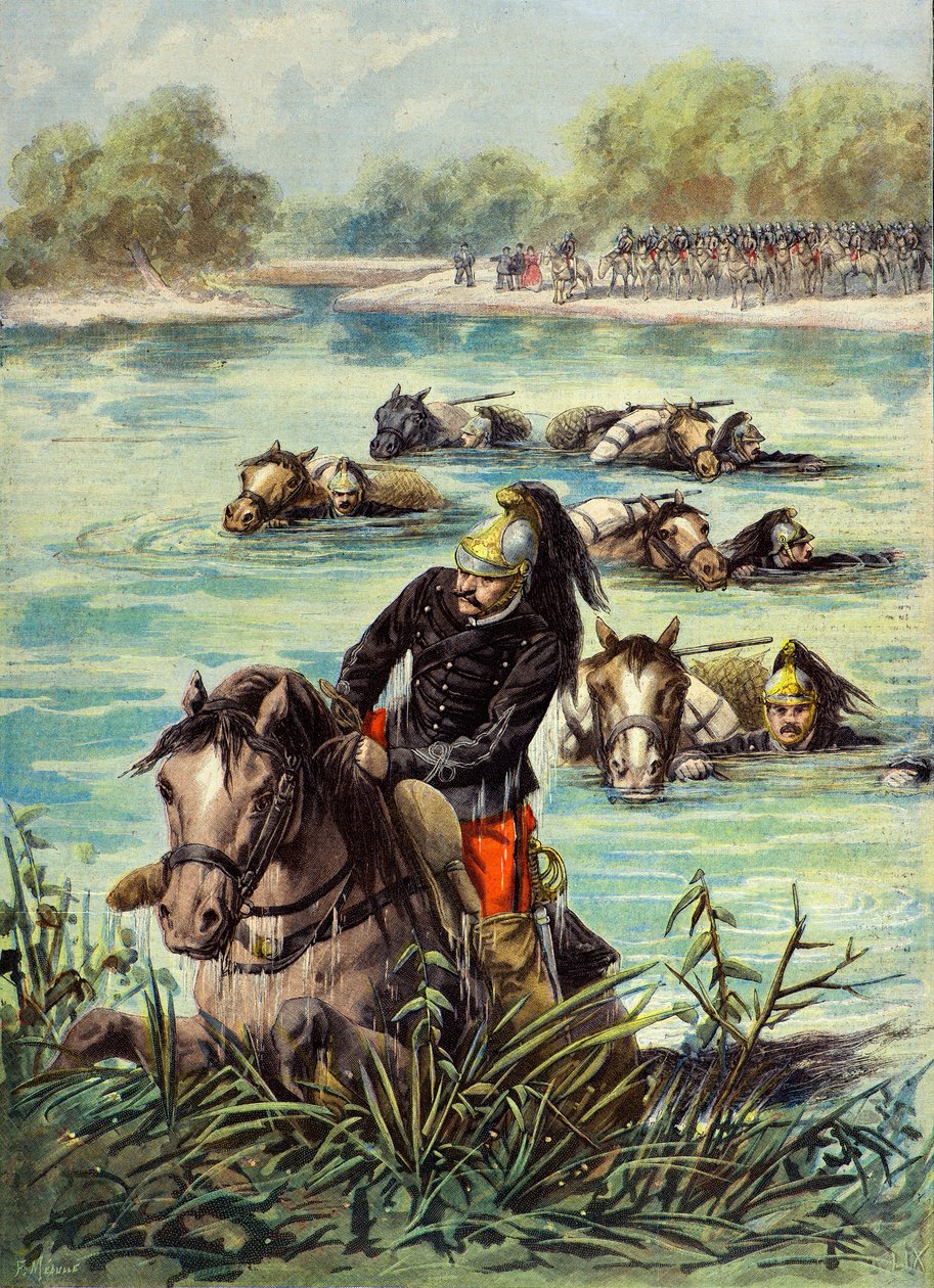 Le 7eme regiment de dragons passe le loing en nage a côté de leurs montures - Fortune Louis Meaulle