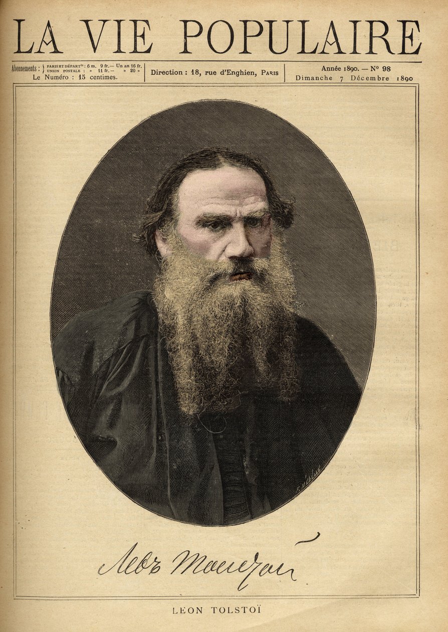 Portrait de Léon Tolstoï (1828-1910), écrivain russe. Illustration par F. Meaulle. Gravure de 1890 dans « La vie populaire ». Collection privée - Fortune Louis Meaulle