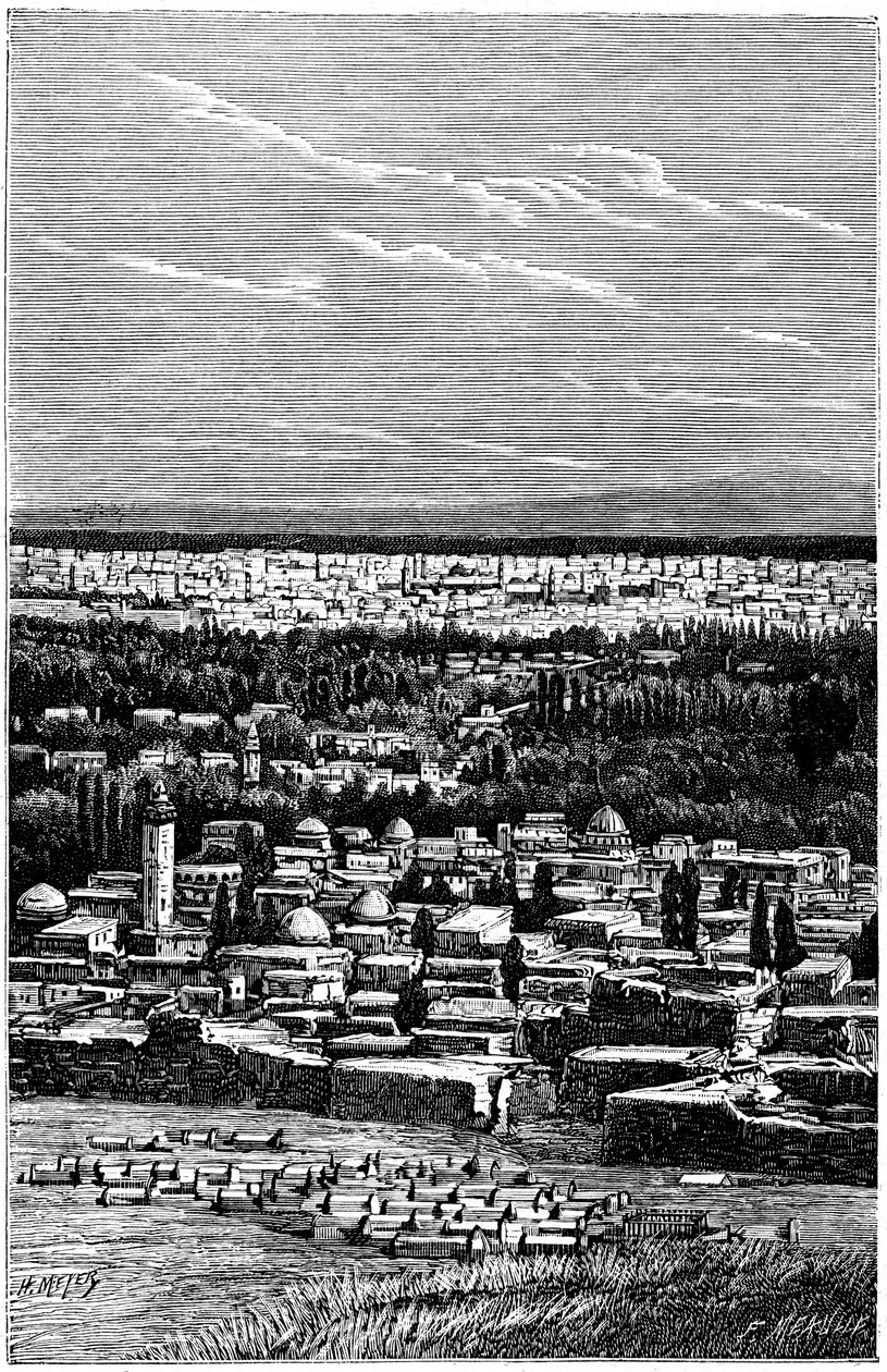 Syrie : Damas vers 1900 - Cimetière musulman - gravure de Meyer et Meaulle du livre « À l